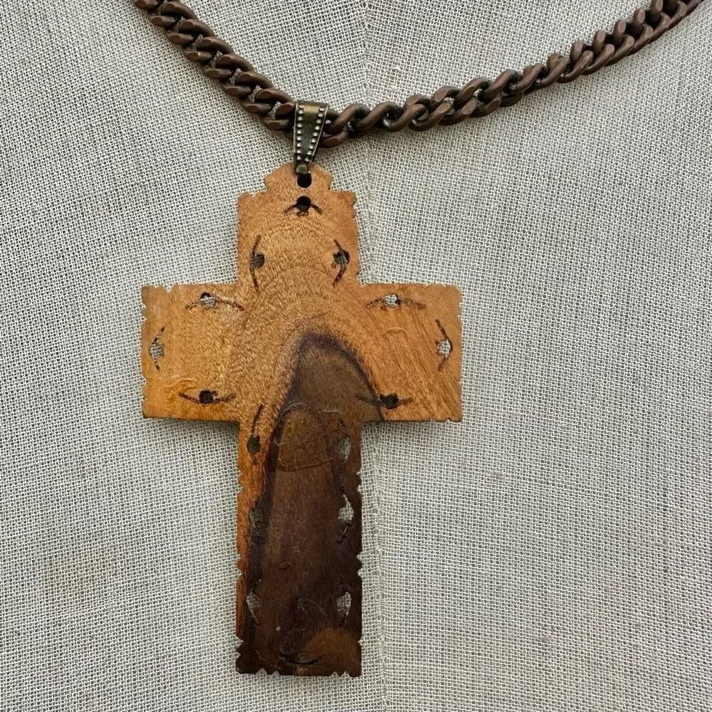 Vintage wood carved cross pendant necklace on copper chain